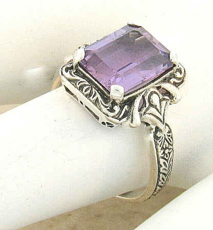 GENUINE AMETHYST 925 STERLING SILVER SOLITAIRE ANTIQUE STYLE FILIGREE RING  #195