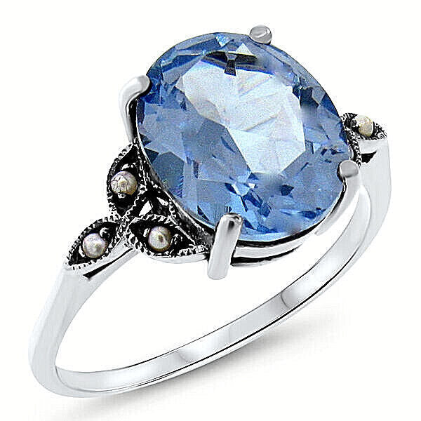 VICTORIAN STYLE 925 STERLING SILVER SIMULATED 5 CT AQUAMARINE PEARL RING    #385