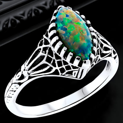 VINTAGE STYLE 925 STERLING SILVER LAB-CREATED BLACK OPAL FILIGREE RING      #744