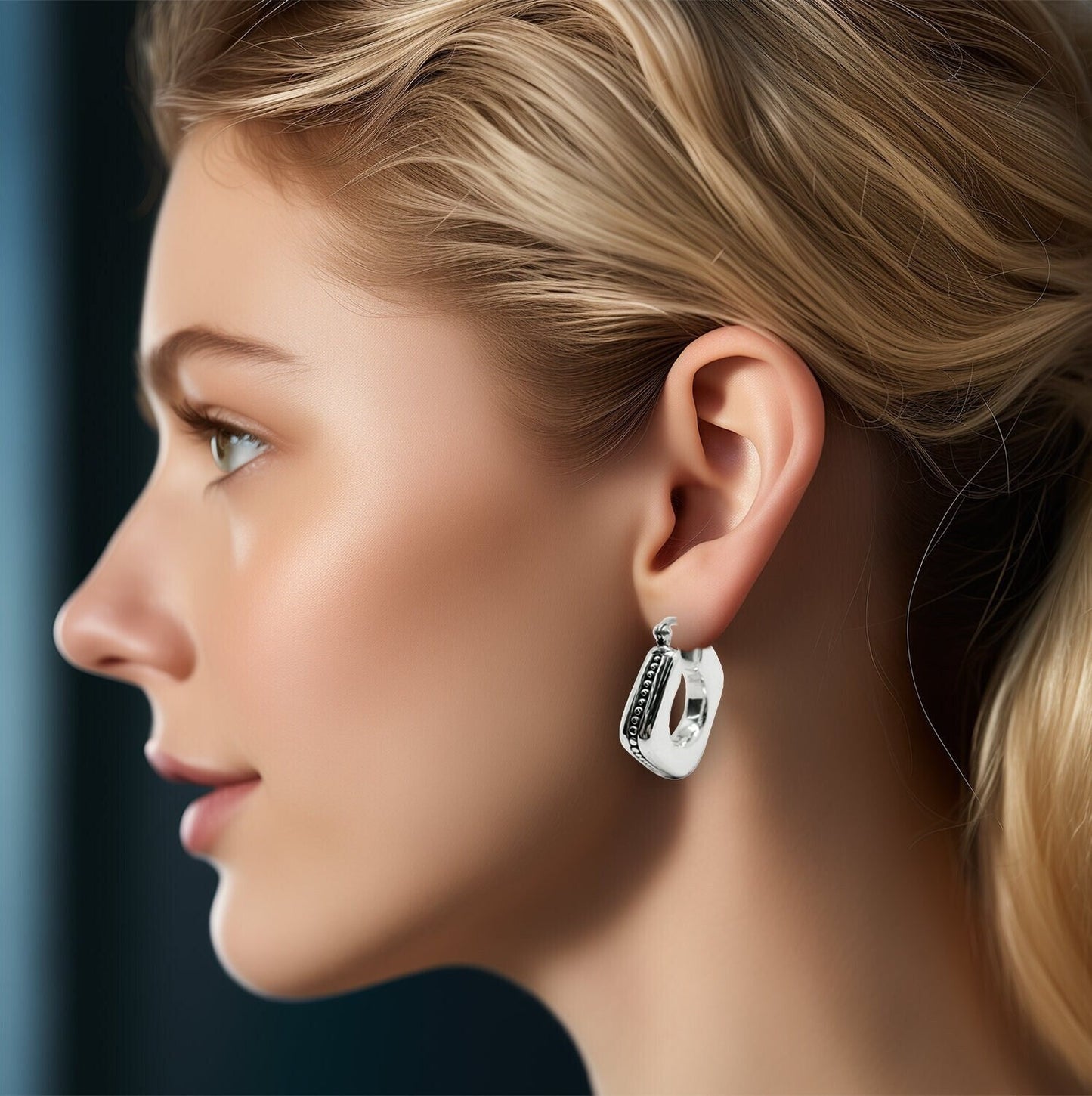 925 Sterling Silver Classic Square Hoop Earrings - Lightweight Dot Design 1294