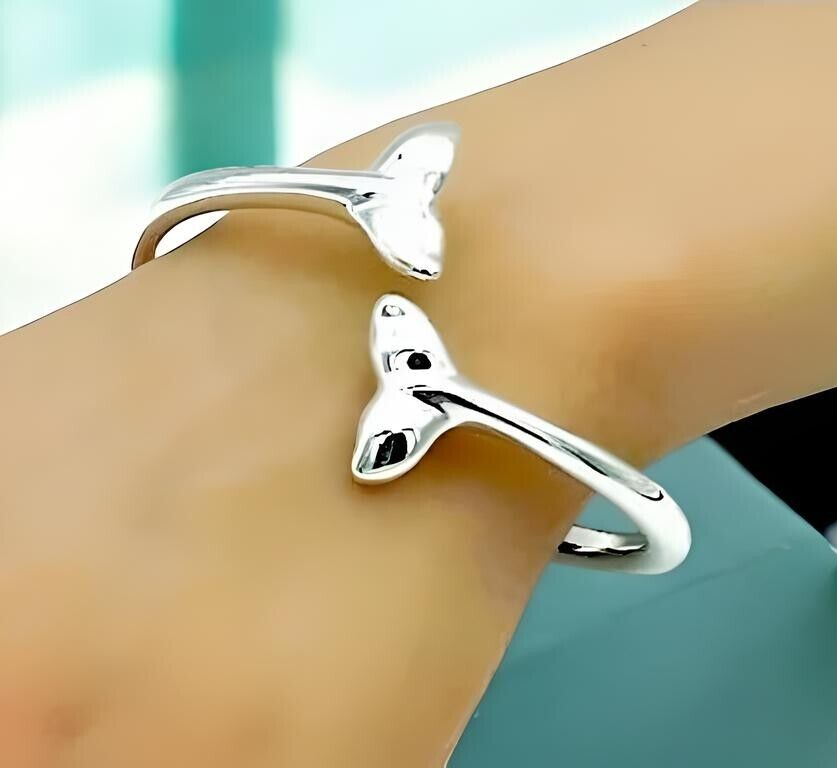 925 Sterling Silver Dolphin/Whale Tail 7" Bangle - Lightweight Bracelet 1266