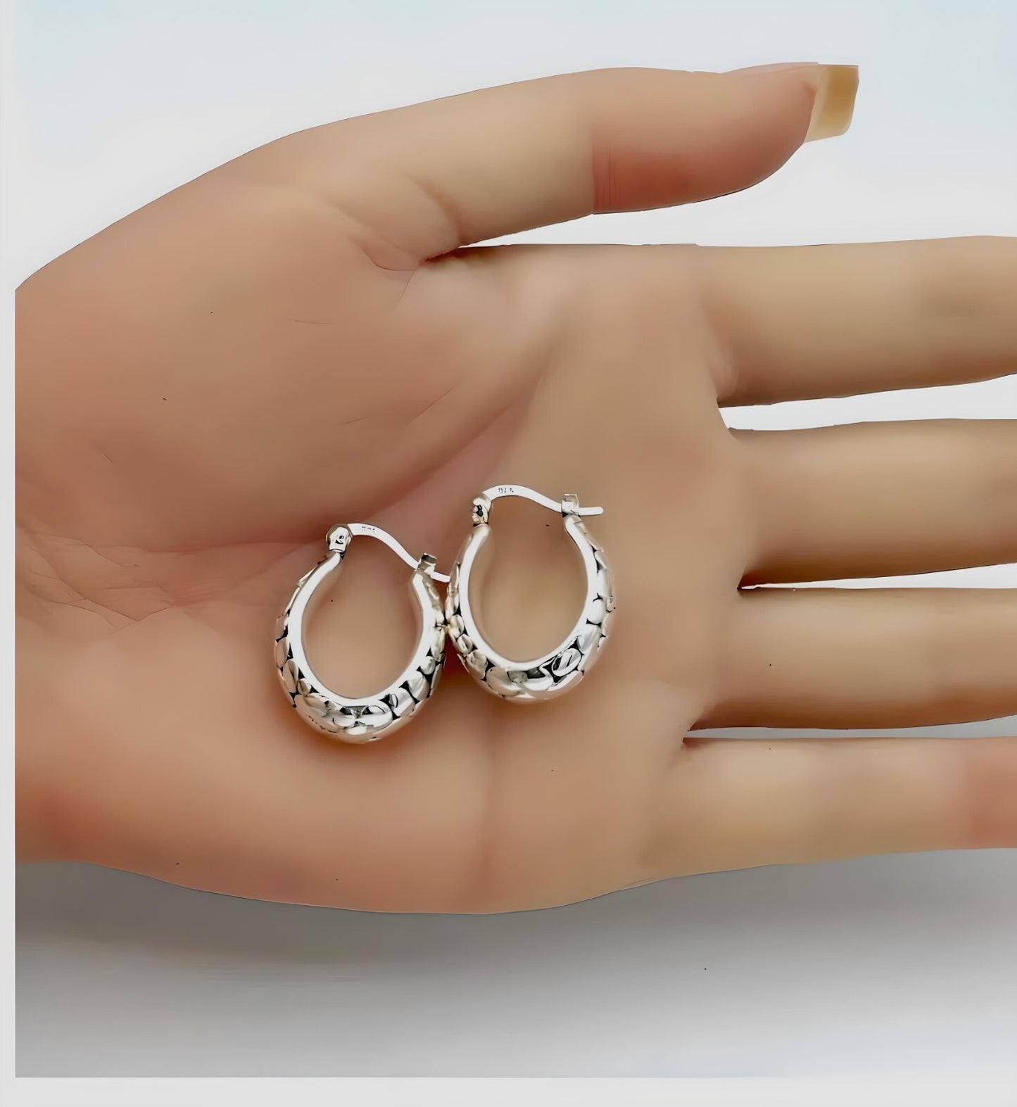 925 Sterling Silver Latchback Hoops, Lightweight Oval Dot Pattern Earrings  1262