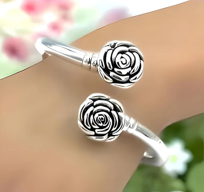 925 Sterling Silver Lightweight 7" Bangle Bracelet - Double Rose Design 1207