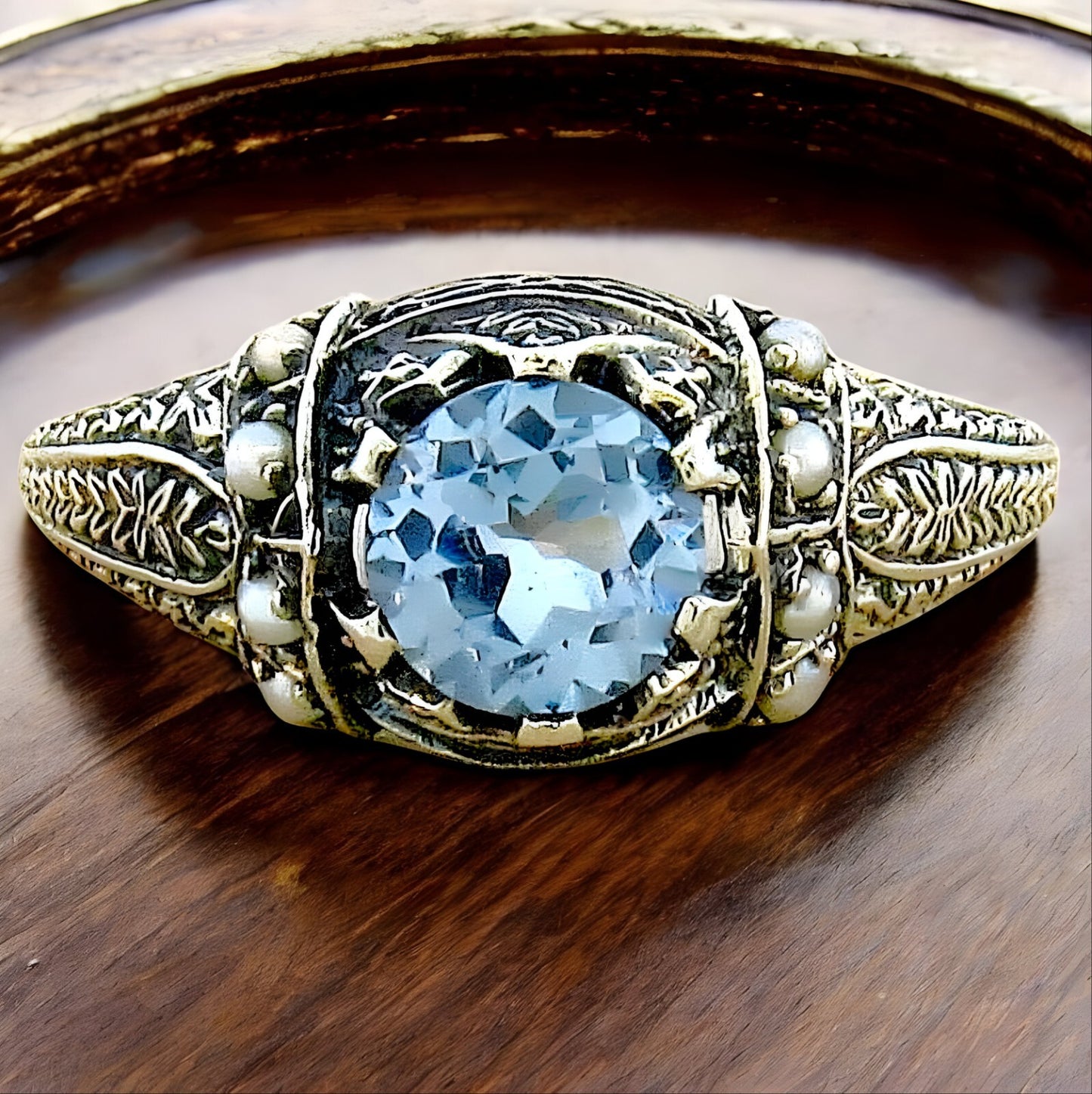 VICTORIAN STYLE 925 STERLING SILVER SIMULATED AQUAMARINE PEARL RING         #153
