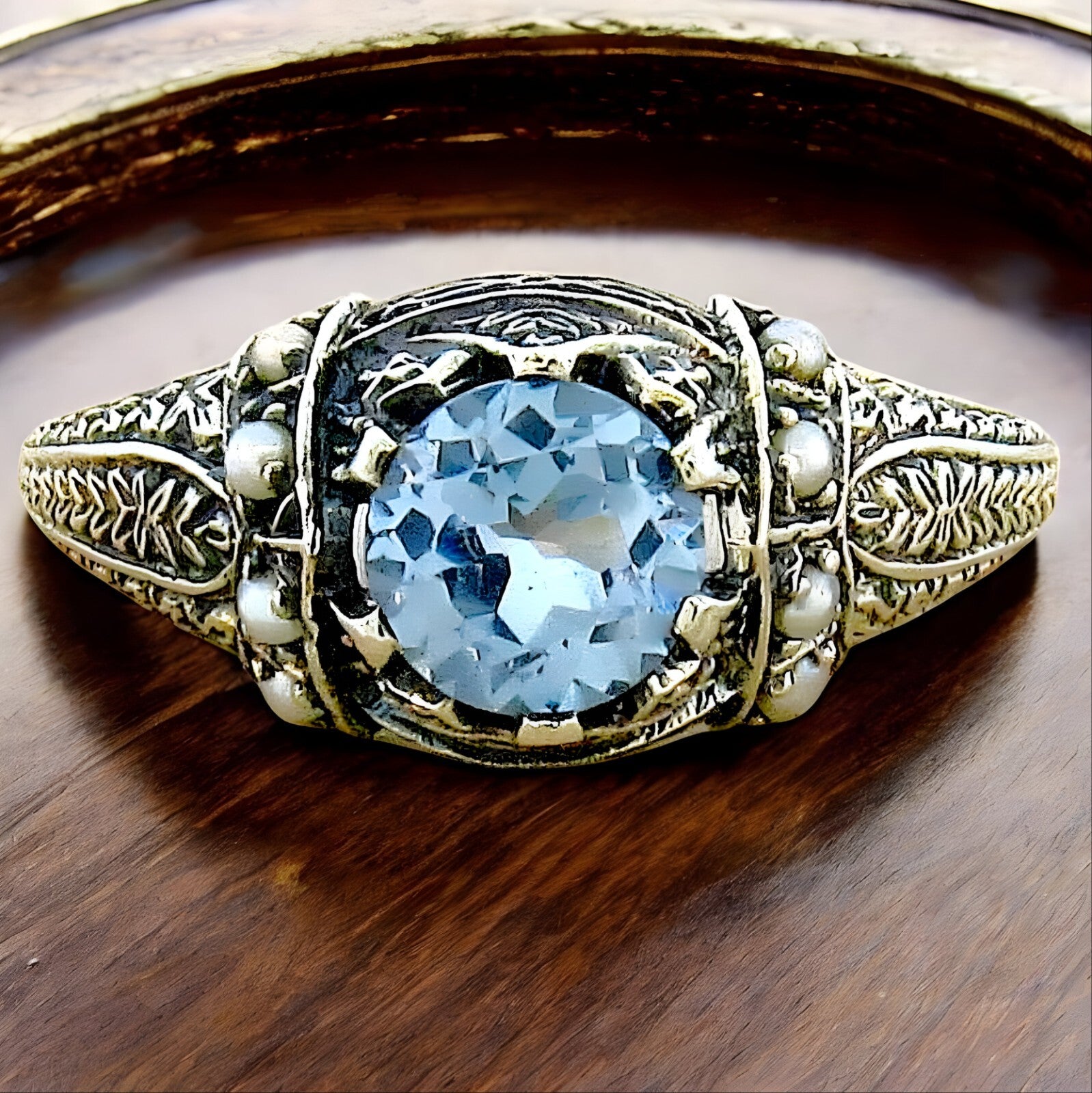 VICTORIAN STYLE 925 STERLING SILVER SIMULATED AQUAMARINE PEARL RING         #153