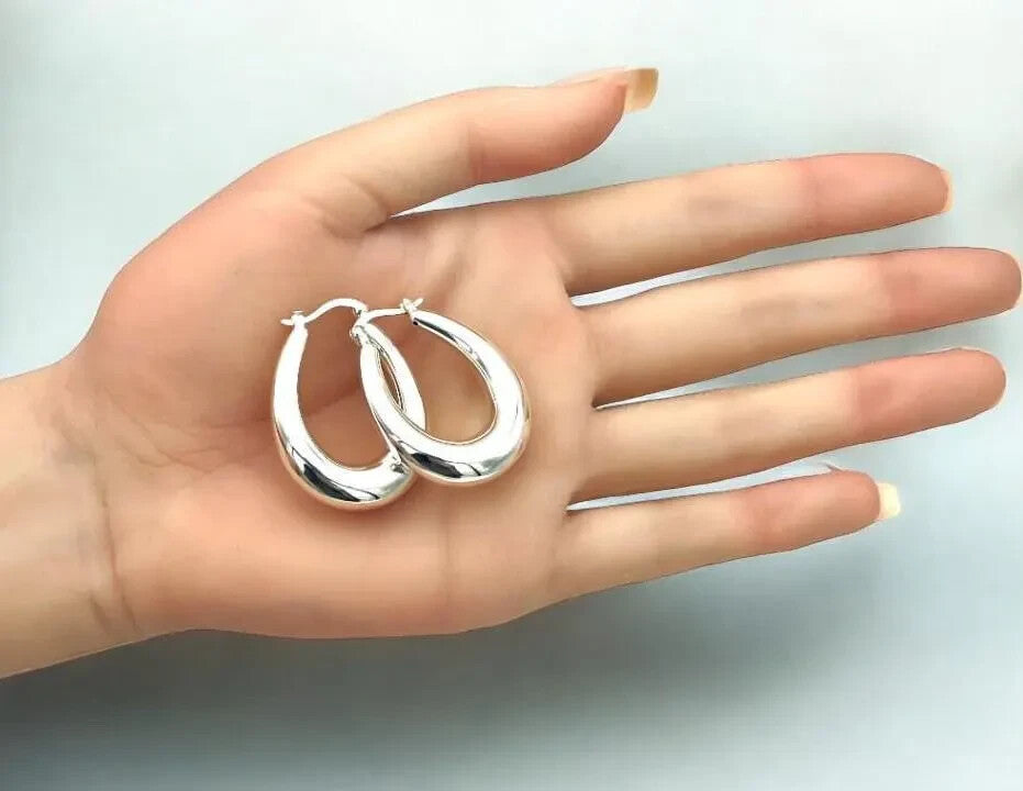 925 Sterling Silver Hoop Earrings, Lightweight Oval Latch Back 1538