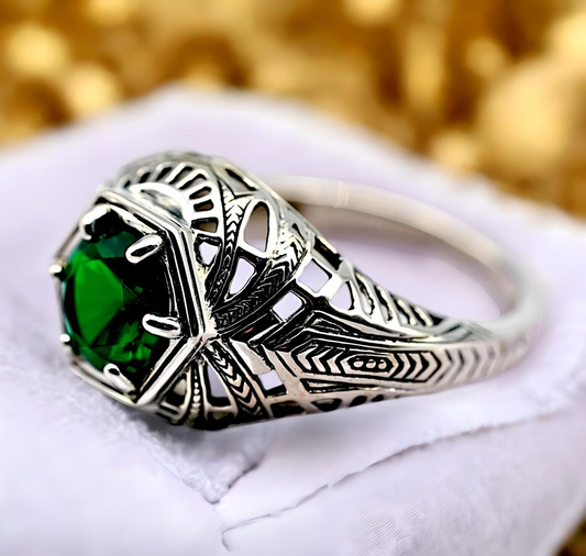 VINTAGE STYLE 925 SOLID STERLING SILVER SIMULATED EMERALD FILIGREE RING 1798