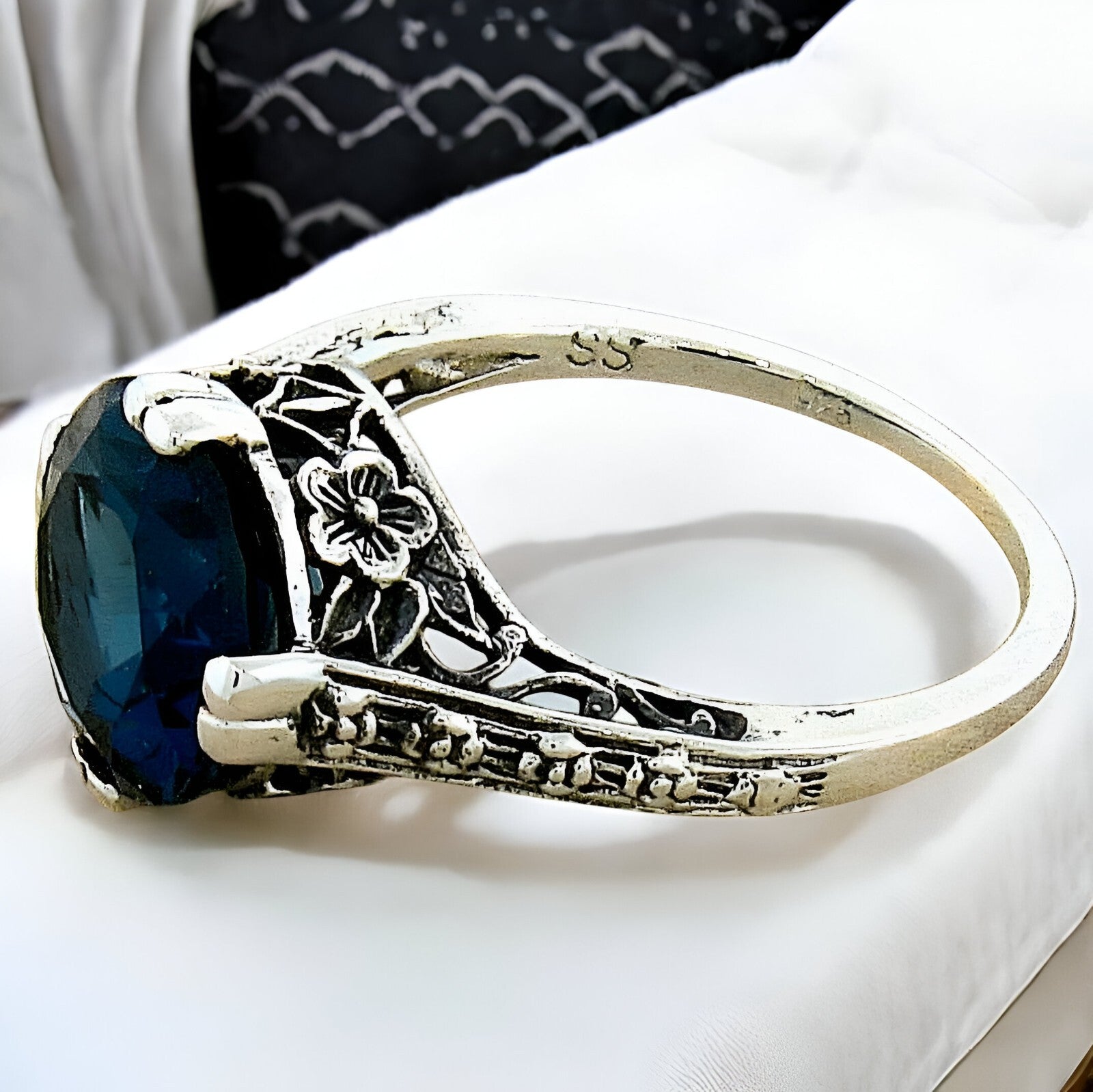 3.50 CT. GENUINE LONDON BLUE TOPAZ 925 STERLING SILVER ART DECO STYLE RING  #556