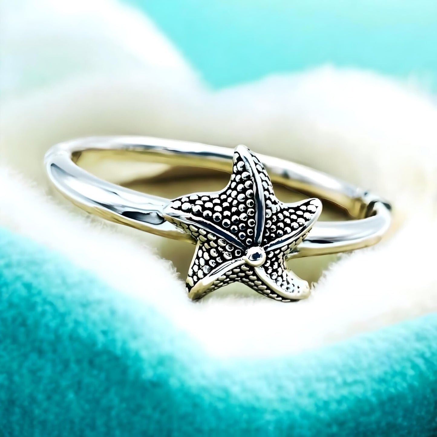 925 Starfish Bangle Sterling Silver - Lightweight 6.5" Hinged Bracelet 1394