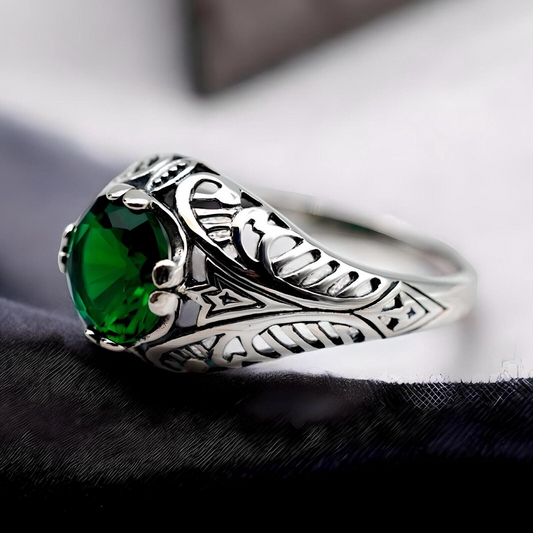 VINTAGE STYLE 925 SOLID STERLING SILVER SIMULATED EMERALD FILIGREE RING 1805