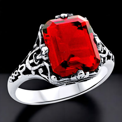 VIVID RED VINTAGE STYLE 925 STERLING SILVER SIMULATED RUBY RING            #1209