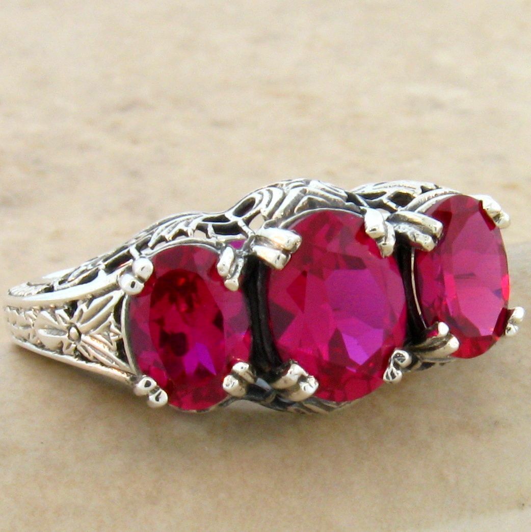 3 STONE 925 STERLING SILVER ART DECO STYLE 3.5 Ct RED LAB-CREATED RUBY RING #417