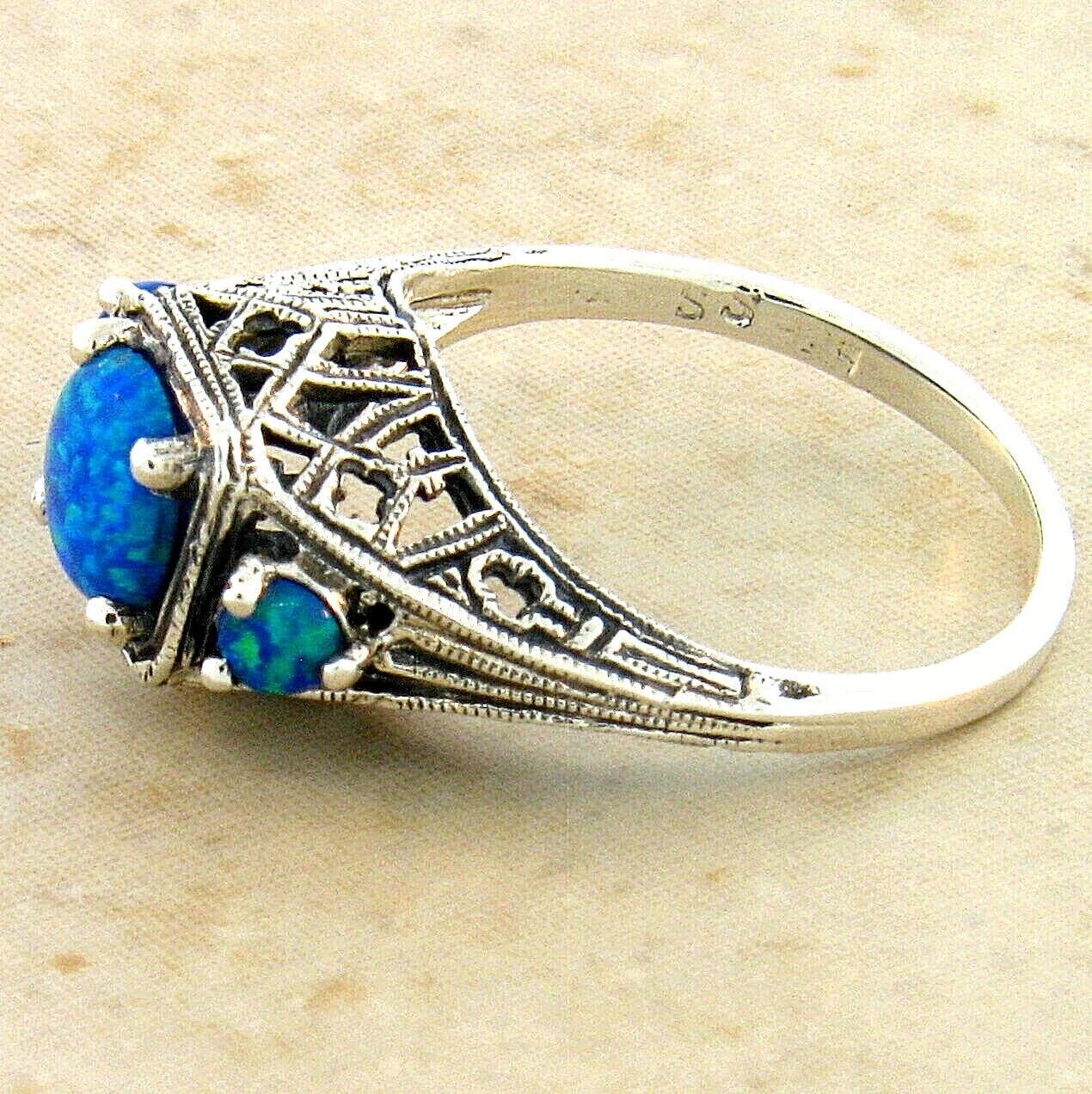 925 STERLING SILVER ANTIQUE STYLE LAB-CREATED BLUE OPAL THREE-STONE RING    #251