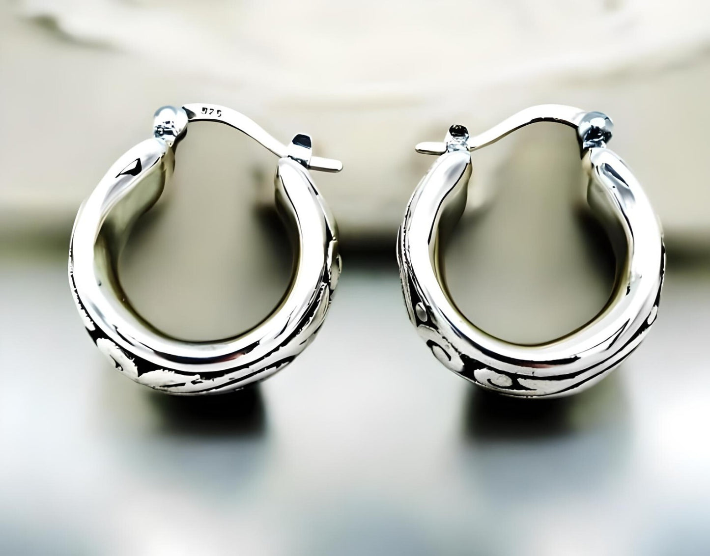 925 Filigree Sterling Silver Hoops, Lightweight Earrings 1408