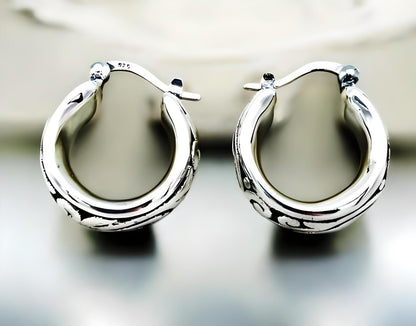 925 Filigree Sterling Silver Hoops, Lightweight Earrings 1408