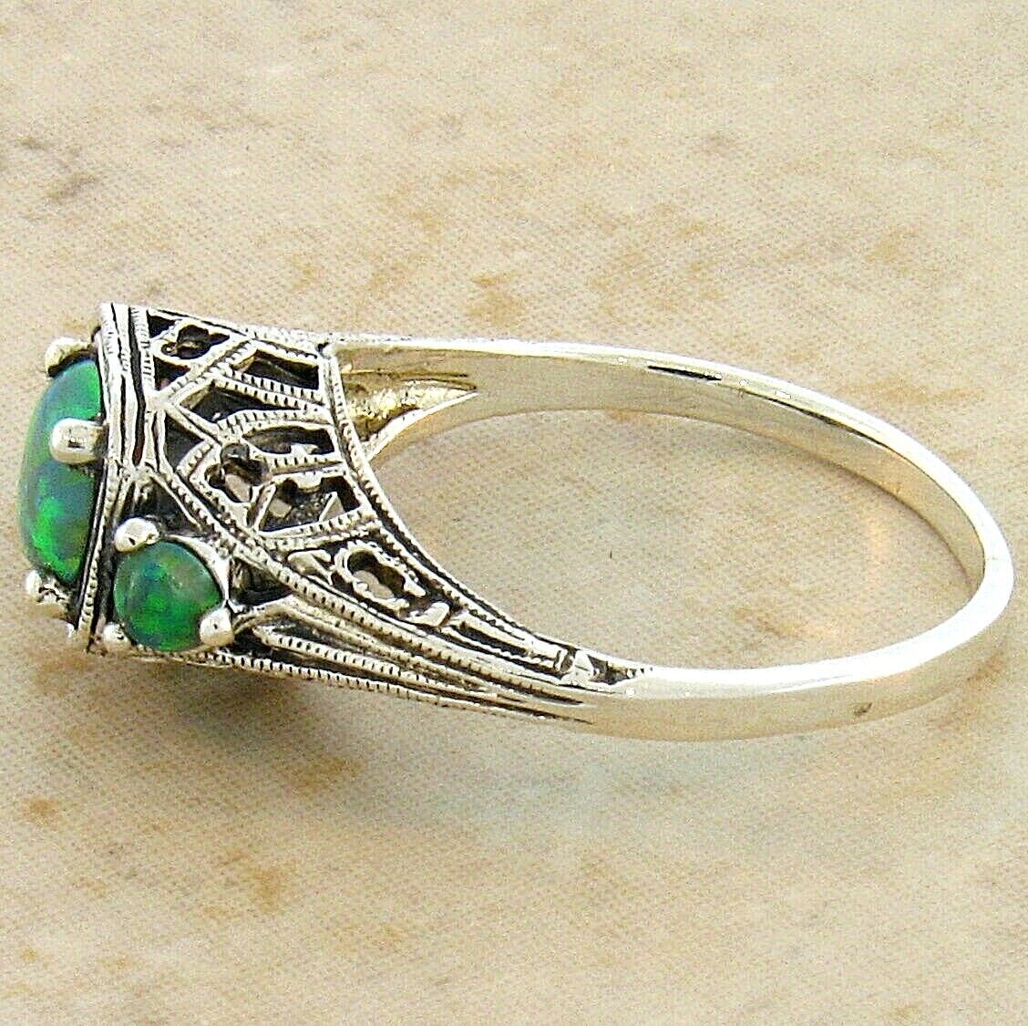 3 STONE DECO ANTIQUE STYLE 925 STERLING SILVER LAB-CREATED GREEN OPAL RING  #411