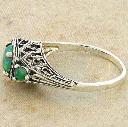 3 STONE DECO ANTIQUE STYLE 925 STERLING SILVER LAB-CREATED GREEN OPAL RING  #411