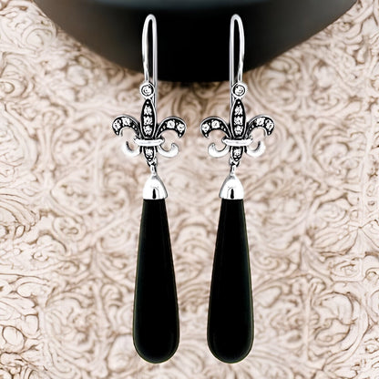 VICTORIAN STYLE BLACK ONYX FLEUR-DE-LIS 925 STERLING SILVER EARRINGS      #588