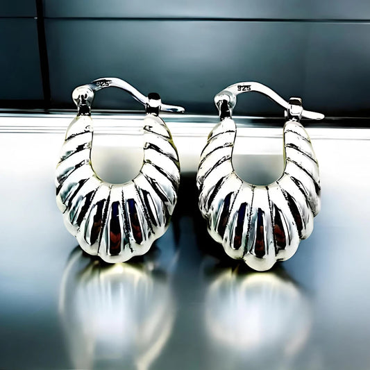 925 Sterling Silver Scallop Hoop Earrings, Lightweight Wear All Day 1269