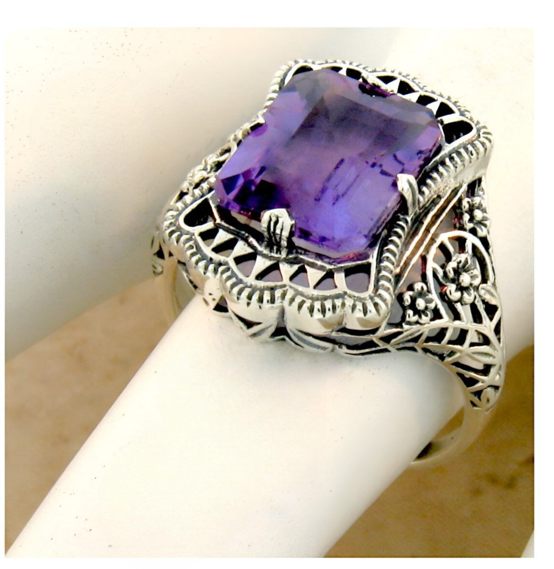 GENUINE AMETHYST 925 STERLING SILVER NOUVEAU ANTIQUE STYLE FILIGREE RING    964