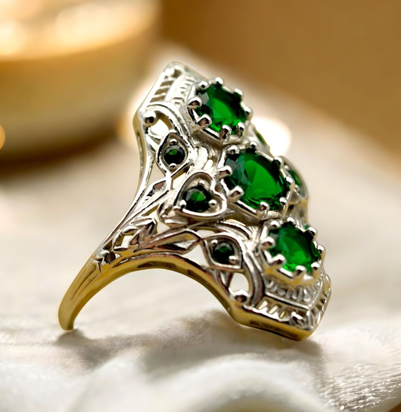 VINTAGE STYLE SIMULATED EMERALD 925 STERLING SILVER RING RHODIUM PLATED 1765