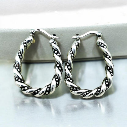 925 Silver - Light Weight Hoop Earrings, Twisted Dot Design Latch Back 1441