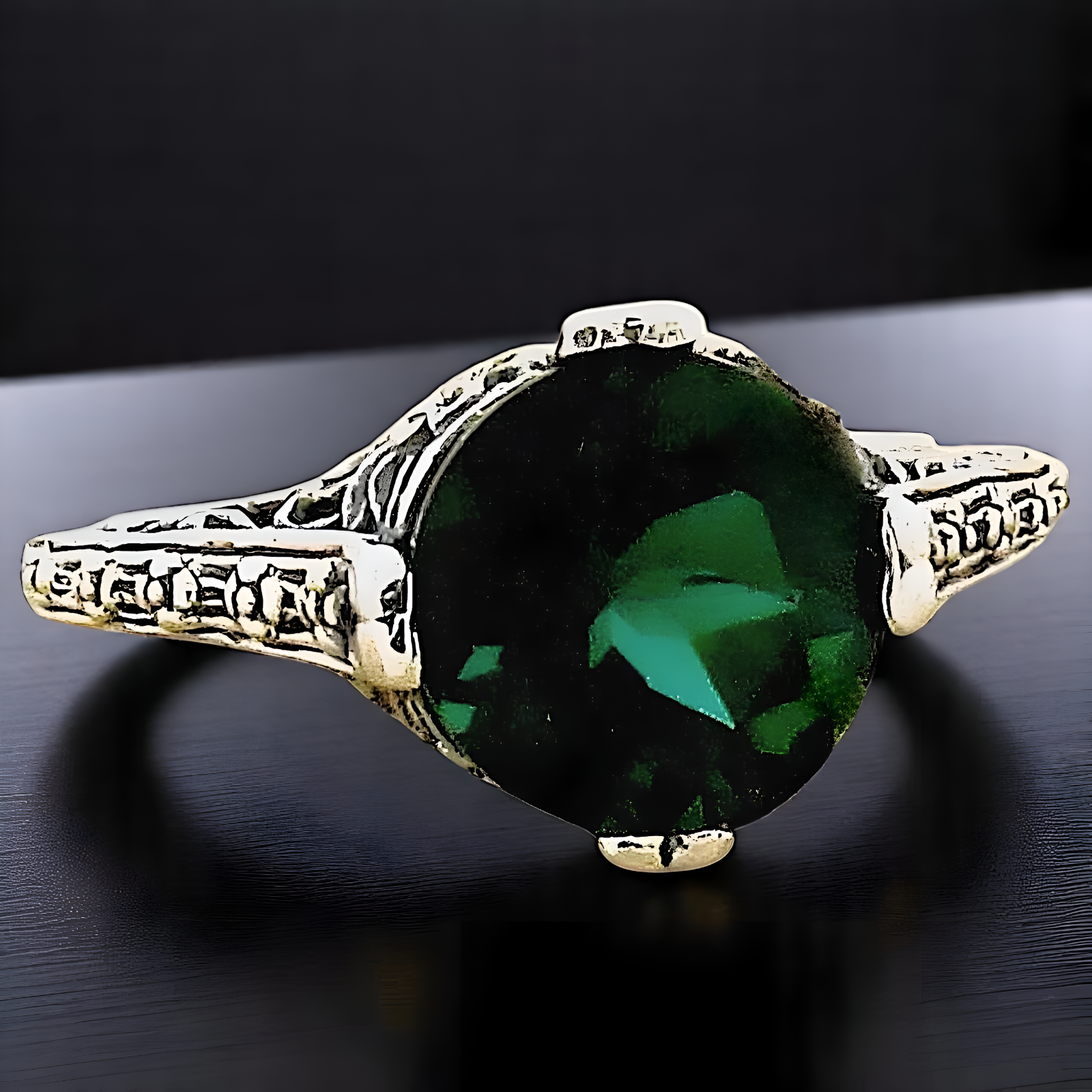 925 SOLID STERLING SILVER DECO ANTIQUE STYLE SIMULATED 2.5 CT EMERALD RING   756
