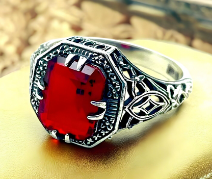 VIVID RED SIMULATED RUBY ANTIQUE STYLE 925 STERLING SILVER FILIGREE RING   #1350