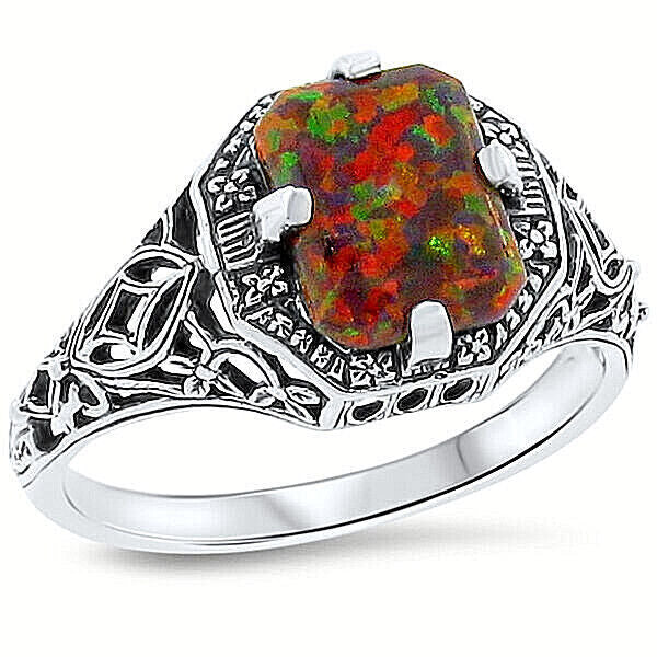 VINTAGE STYLE 925 STERLING SILVER LAB-CREATED RED FIRE OPAL FILIGREE RING   #212