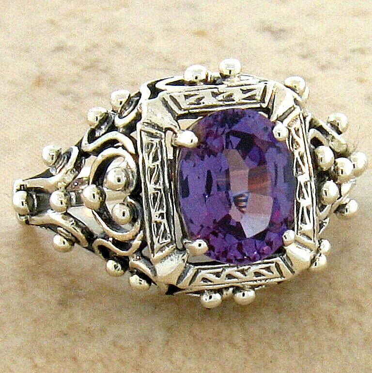 925 STERLING SILVER FILIGREE ANTIQUE STYLE SIMULATED ALEXANDRITE RING       #264