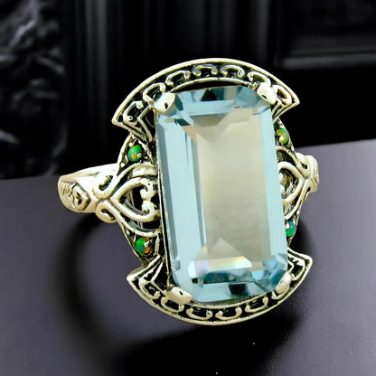 VICTORIAN STYLE 925 STERLING SILVER SIMULATED AQUAMARINE & GREEN OPAL RING  821