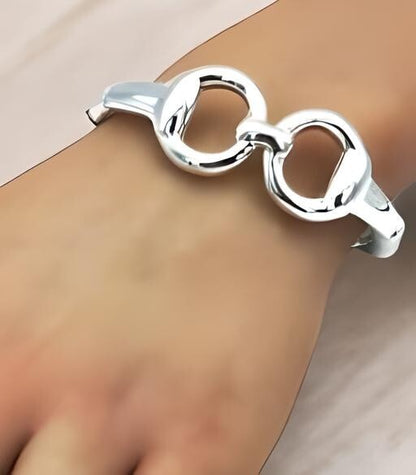 925 Silver Lightweight Horsebit Bangle -  6.75" Spring Hinge Bracelet 1467
