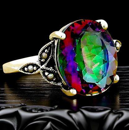 5 Ct RAINBOW MYSTIC QUARTZ & PEARL 925 STERLING SILVER ANTIQUE STYLE RING #094