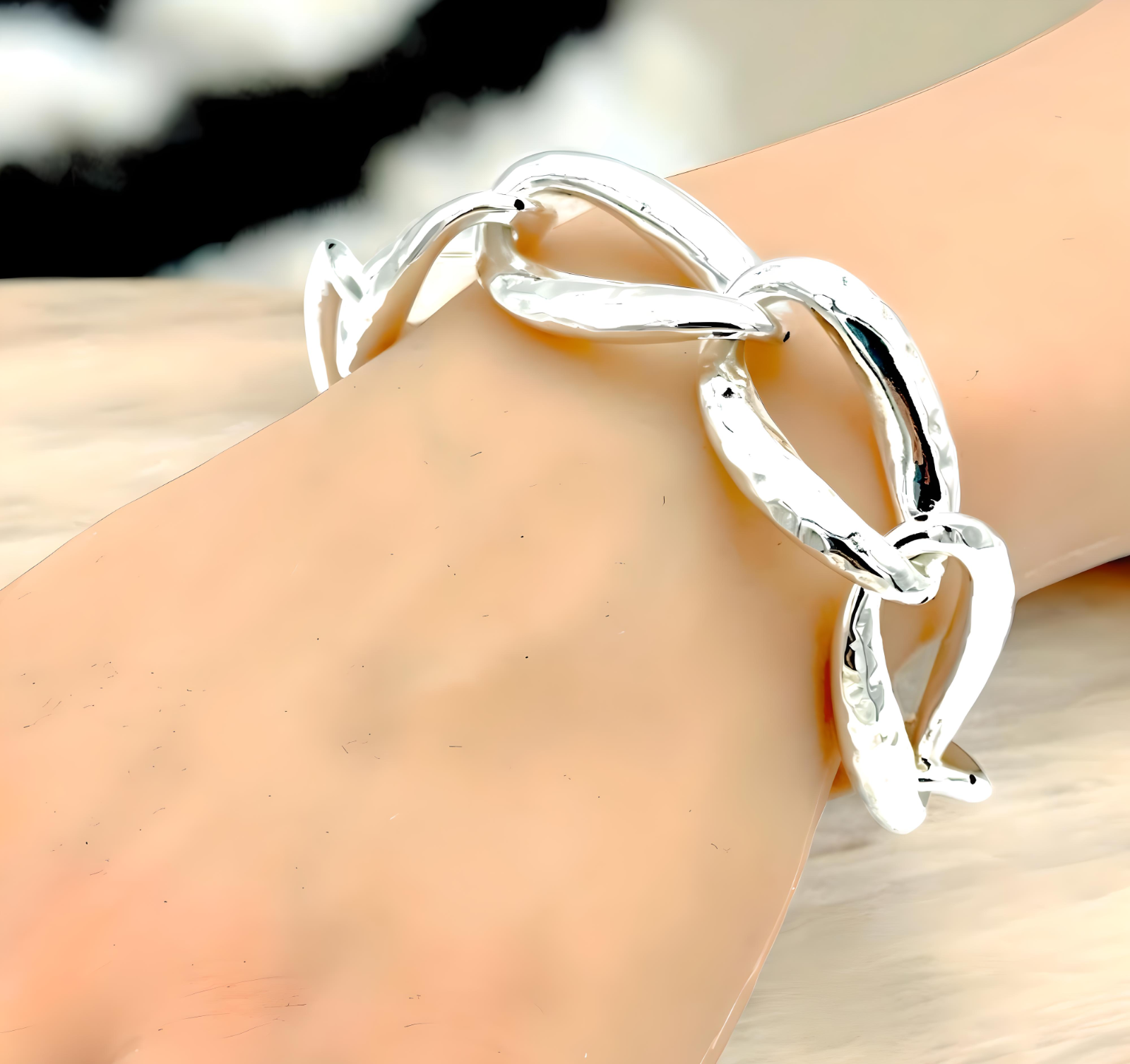 925 Sterling Silver Hammered Curb Link Bracelet - 7.5" Lightweight Design 1400