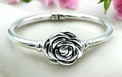 6.75" ROSE BANGLE BRACELET 925 STERLING SILVER LIGHTWEIGHT SPRING HINGED 1521