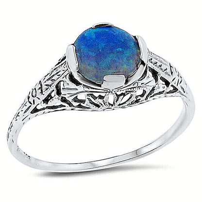 925 STERLING SILVER ART DECO STYLE LAB-CREATED BLUE FIRE OPAL FILIGREE RING #115