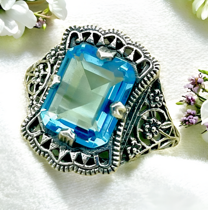 925 STERLING SILVER FILIGREE RING ANTIQUE STYLE SIMULATED AQUAMARINE       #1332