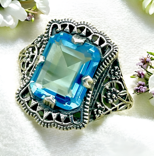 925 STERLING SILVER FILIGREE RING ANTIQUE STYLE SIMULATED AQUAMARINE       #1332