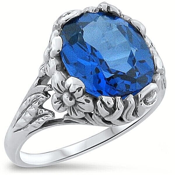 5 CT LONDON BLUE 925 STERLING SILVER ART NOUVEAU DESIGN ANTIQUE STYLE RING  #322