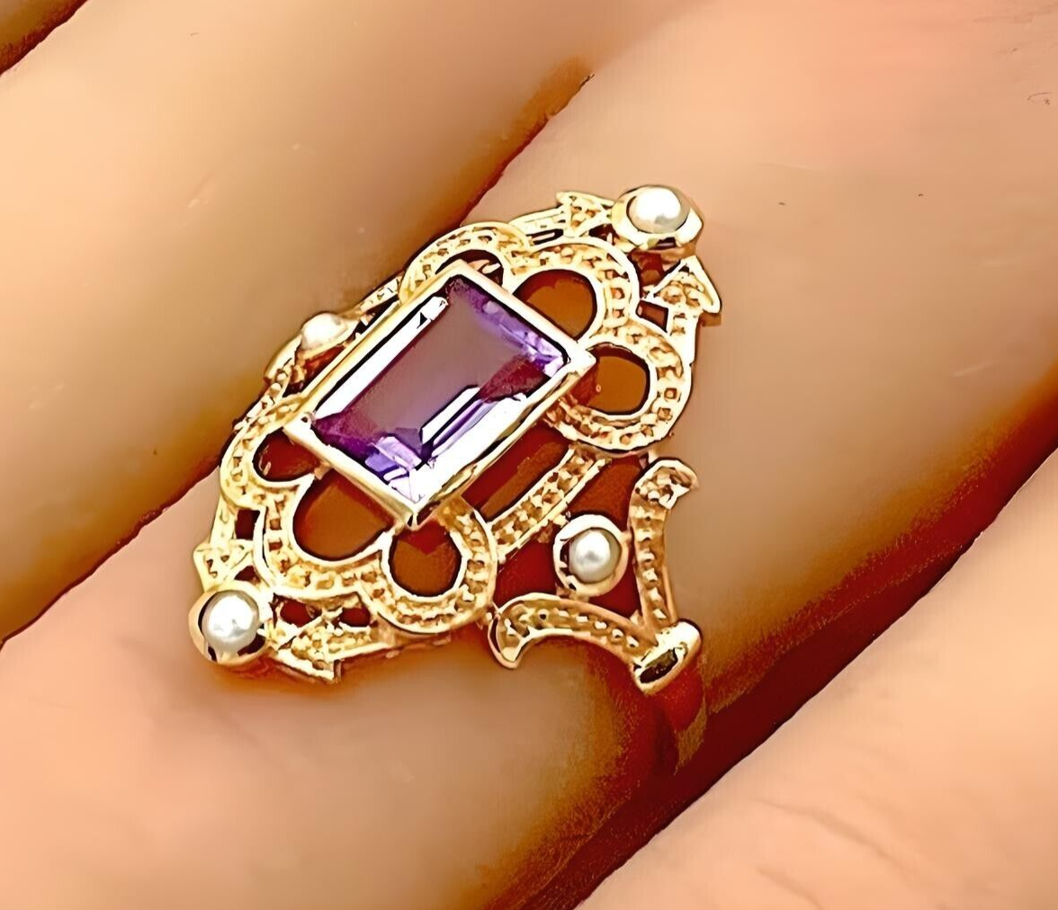 VINTAGE STYLE GENUINE AMETHYST & PEARL ROSE GOLD OVERLAY 925 SILVER RING  #830