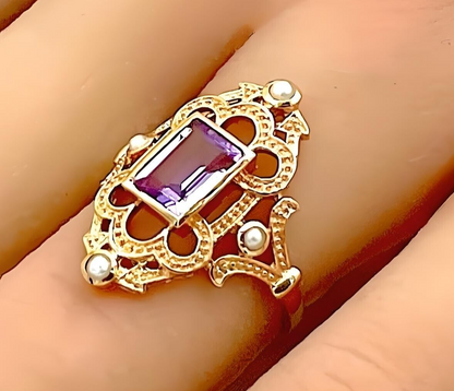 VINTAGE STYLE GENUINE AMETHYST & PEARL ROSE GOLD OVERLAY 925 SILVER RING  #830