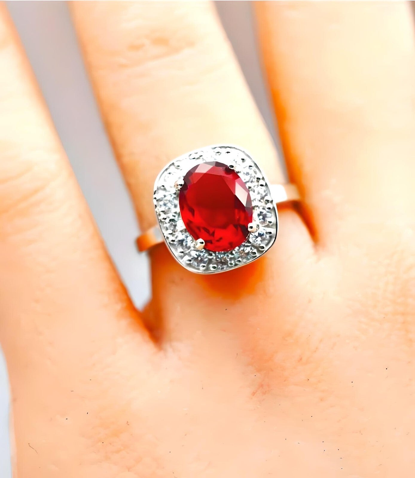 VINTAGE STYLE 925 SOLID STERLING SILVER VIVID RED SIMULATED RUBY RING 1752
