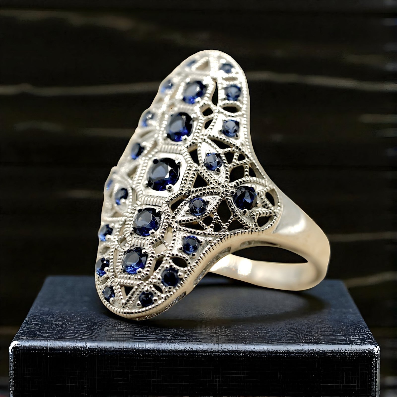 VINTAGE STYLE SIMULATED SAPPHIRE 925 STERLING SILVER RING RHODIUM PLATED 1779