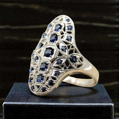 VINTAGE STYLE SIMULATED SAPPHIRE 925 STERLING SILVER RING RHODIUM PLATED 1779