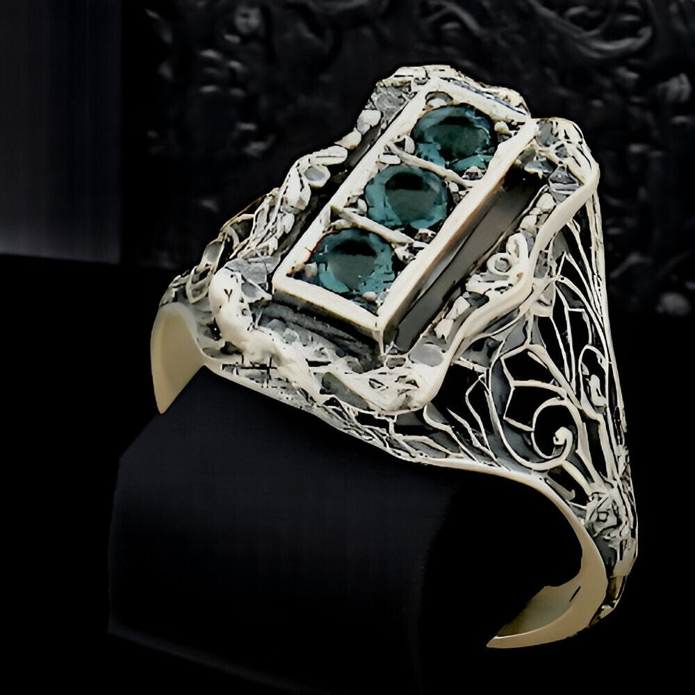 925 STERLING SILVER 3 STONE RING VINTAGE STYLE SIMULATED LONDON BLUE TOPAZ #1130