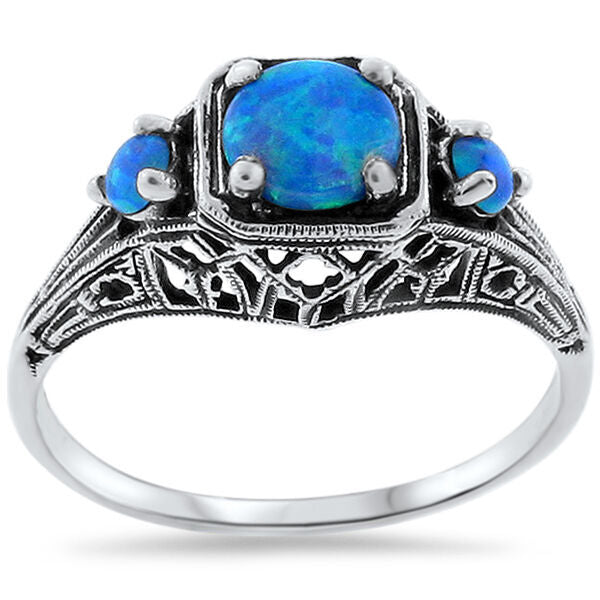 925 STERLING SILVER ANTIQUE STYLE LAB-CREATED BLUE OPAL THREE-STONE RING    #251