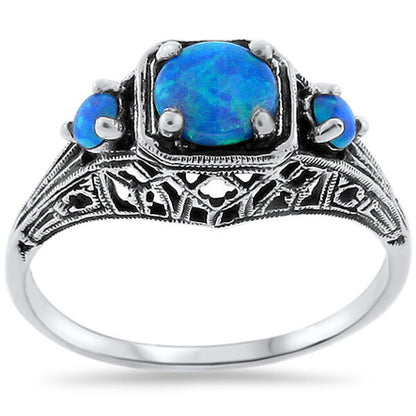 925 STERLING SILVER ANTIQUE STYLE LAB-CREATED BLUE OPAL THREE-STONE RING    #251