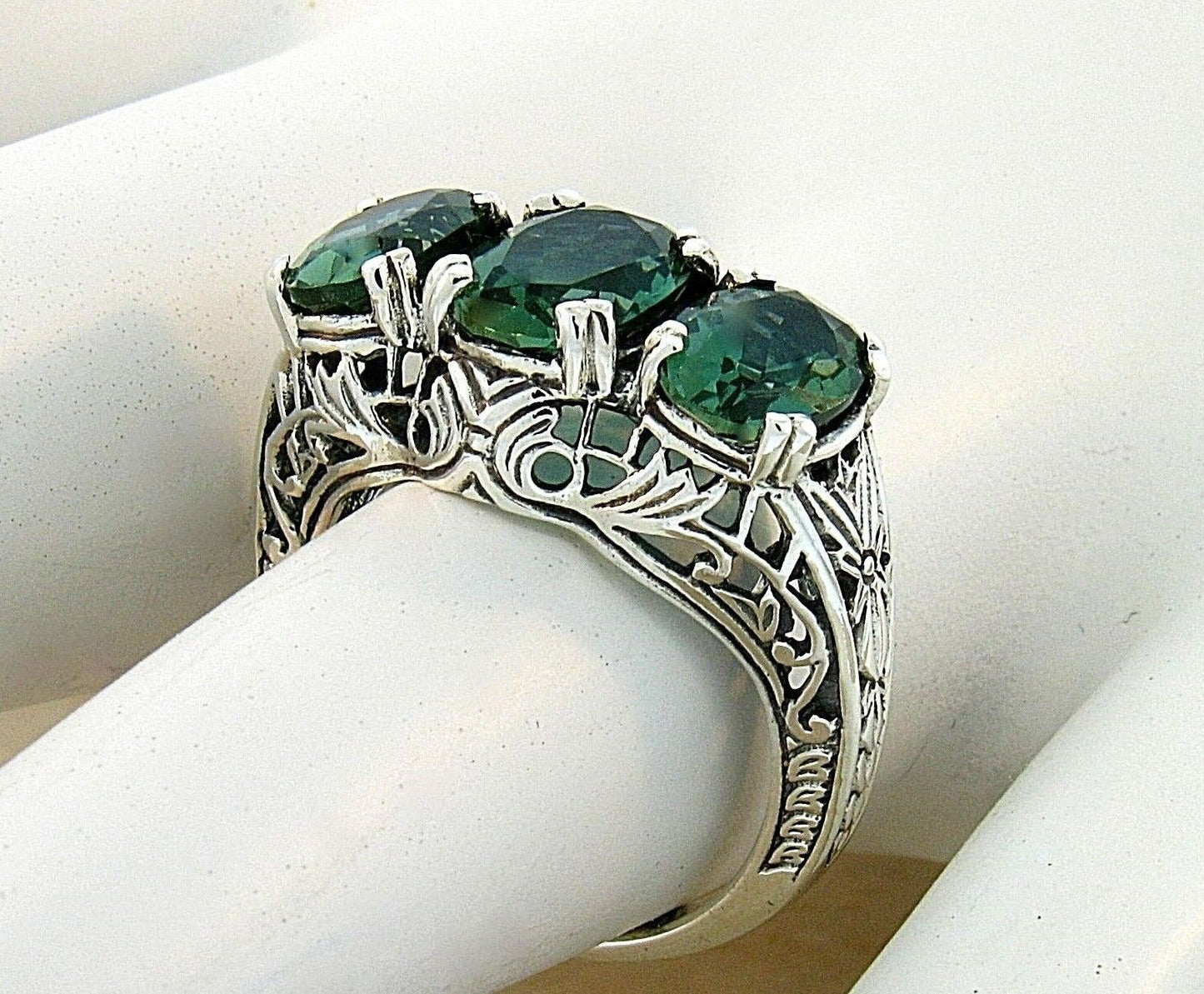 3 STONE 925 STERLING SILVER ART DECO STYLE 3.50 CT SIMULATED EMERALD RING   #639