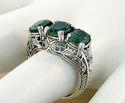 3 STONE 925 STERLING SILVER ART DECO STYLE 3.50 CT SIMULATED EMERALD RING   #639