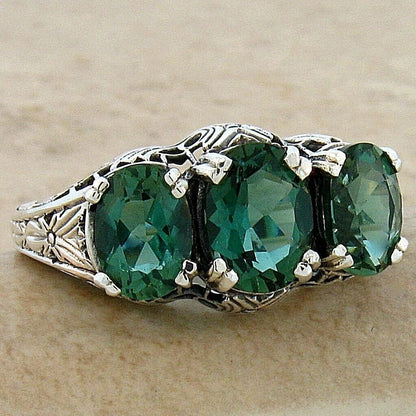 3 STONE 925 STERLING SILVER ART DECO STYLE 3.50 CT SIMULATED EMERALD RING   #639